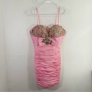 Tony Bowls Barbie Pink Beaded Jewel Sweetheart Pleated Mini Dress 0 Formal Prom